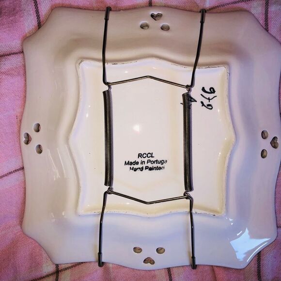Vintage RCCL Hand Painted Floral Reticulated Square Plate W/Metal Wall Hanger - Picture 8 of 8